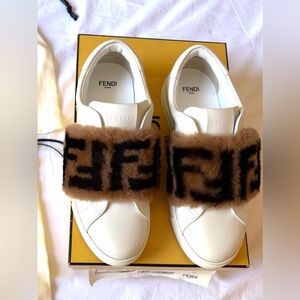 Authentic Fendi Vitello Shearling FF Slip On Sneakers 36.5 White